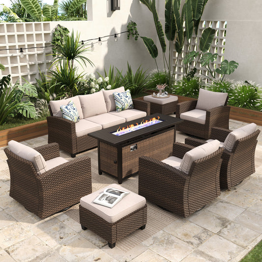 Sophia & William 8 Pieces Patio Furniture Set with 4 Swivel Chairs and 56¡± Fire Pit Table, Beige