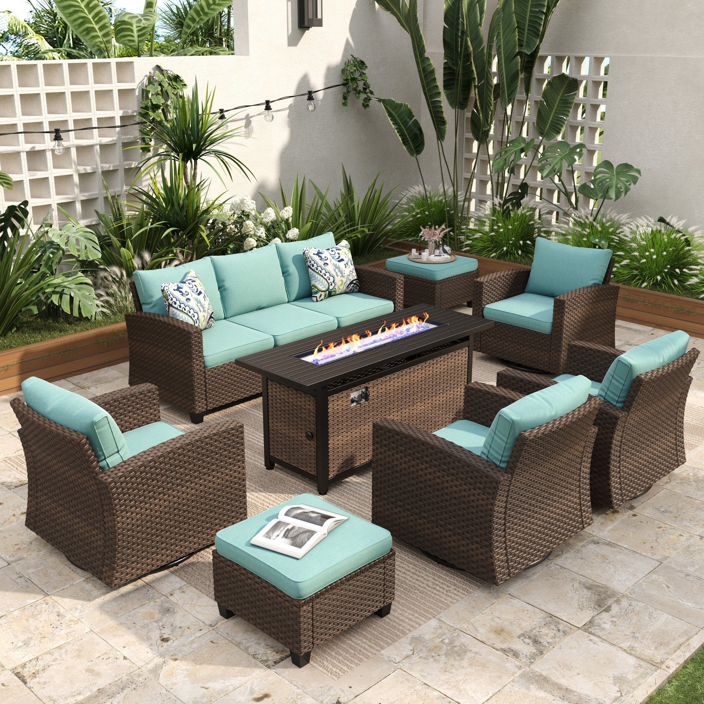 Sophia & William 8 Pieces Patio Furniture Set with 4 Swivel Chairs and 56¡± Fire Pit Table, Blue