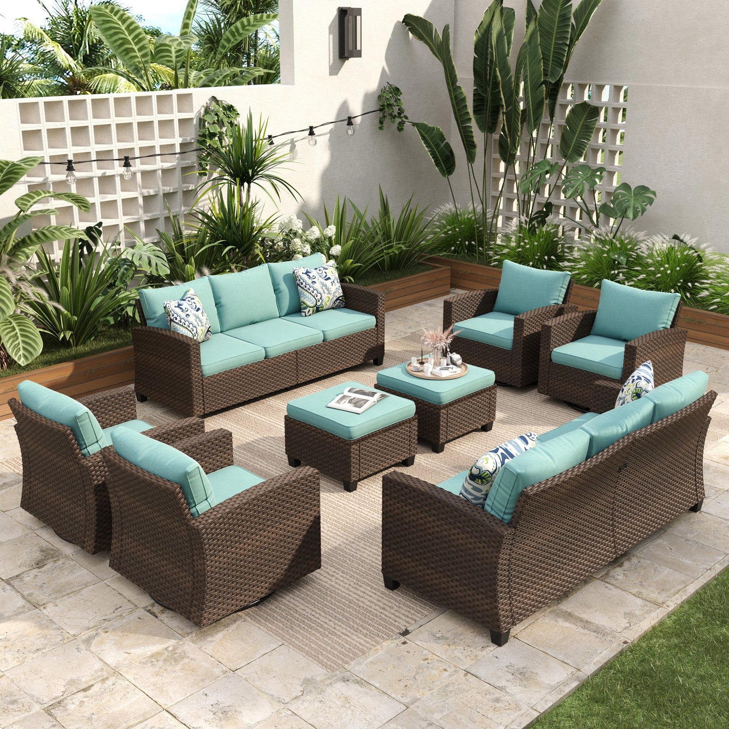 Sophia & William 8 Pieces Wicker Patio Furniture Set with Swivel Chairs 9-Seat Outdoor Conversation Set, Blue