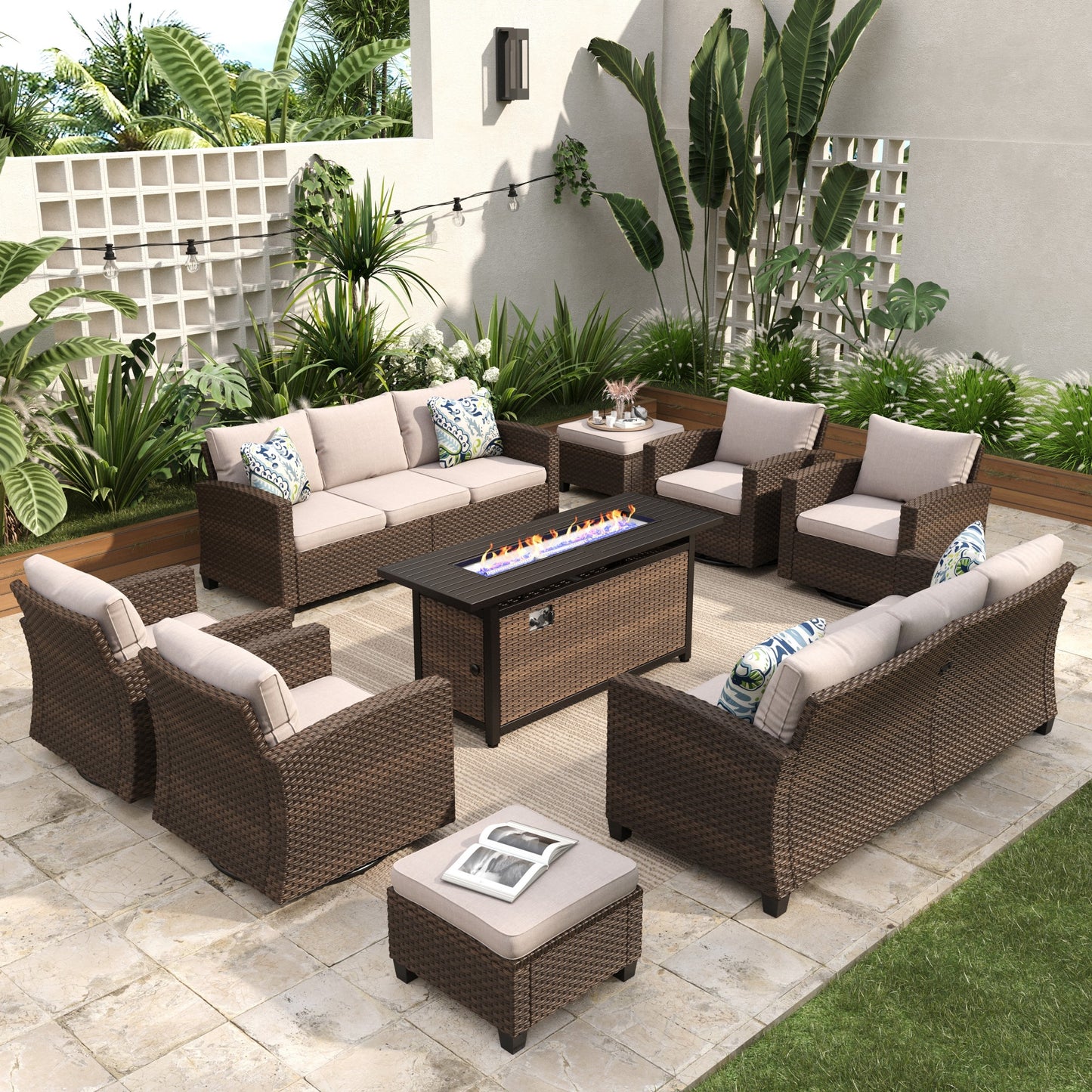 Sophia & William 9 Pieces Patio Furniture Set with Swivel Chairs and 56¡± Fire Pit Table, Beige