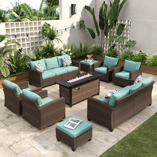 Sophia & William 9 Pieces Patio Furniture Set with Swivel Chairs and 56¡± Fire Pit Table, Blue