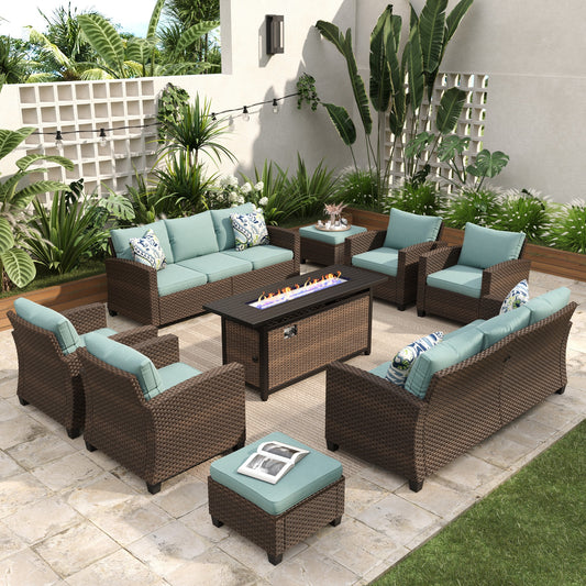 Sophia & William 9 Pieces Wicker Patio Furniture Set with 56" Fire Pit Table 12-Seat Outdoor Conversation Set , Blue