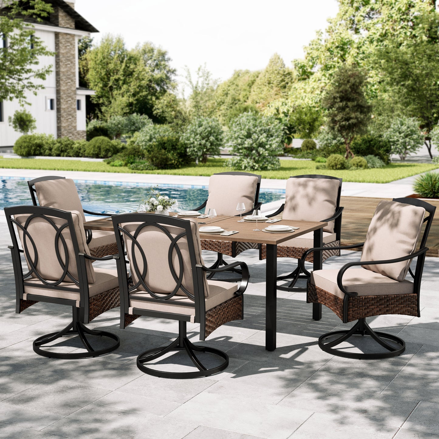 Sophia & William 7 Pieces Outdoor Patio Dining Set Swivel Cushioned Chairs and Wood-like Table Set for 6