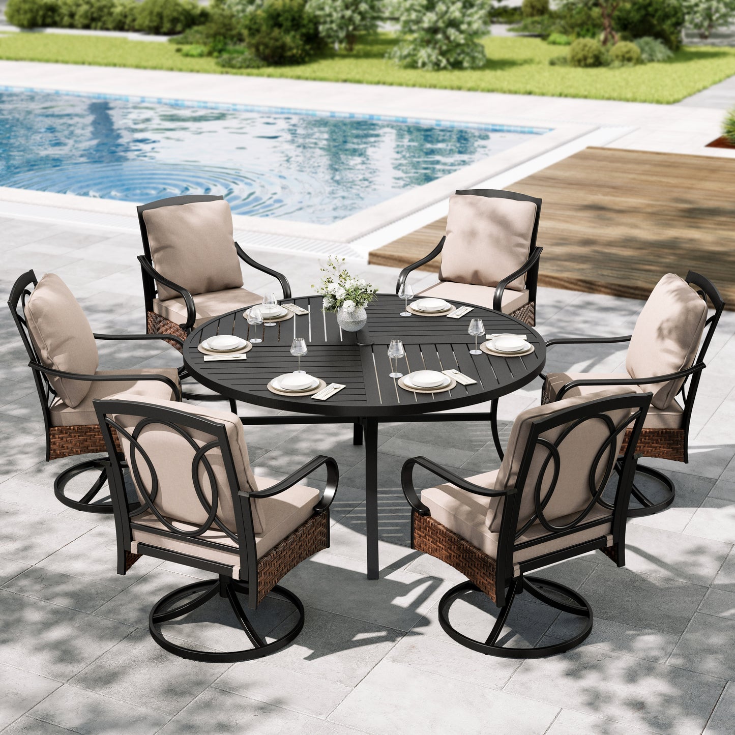 Sophia & William 7Pcs Outdoor Patio Dining Set Metal Cushioned Swivel Chairs and 54  Round Table Furniture Set for 6-Person, Beige