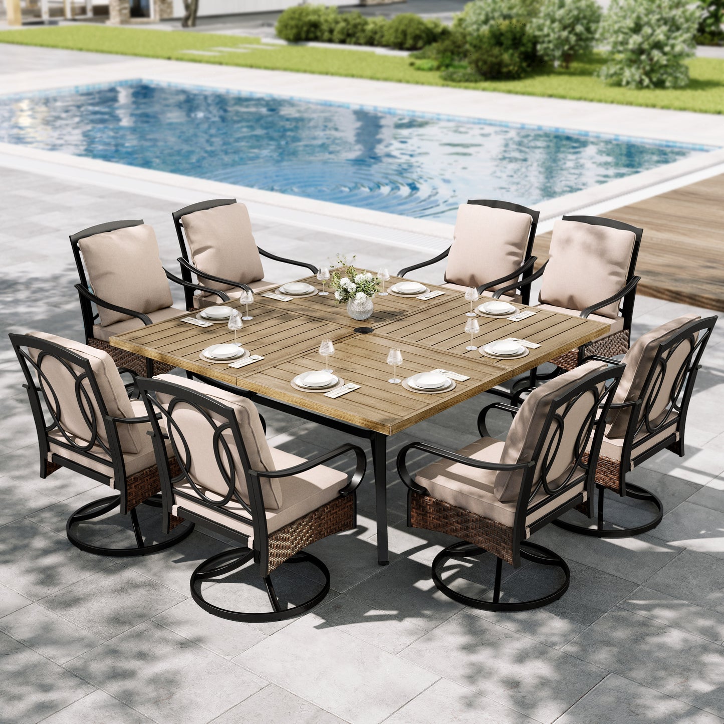 Sophia & William 9 Pieces Outdoor Patio Dining Set Metal Swivel Chairs and 57.5inch Square Wood-like Table Furniture Set with Cushions for 8
