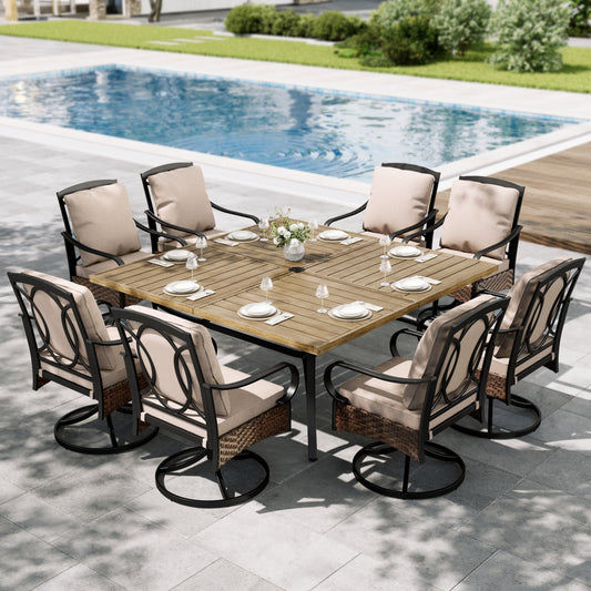 Sophia & William 9 Pieces Outdoor Patio Dining Set Metal Swivel Chairs and 57.5inch Square Wood-like Table Furniture Set with Cushions for 8