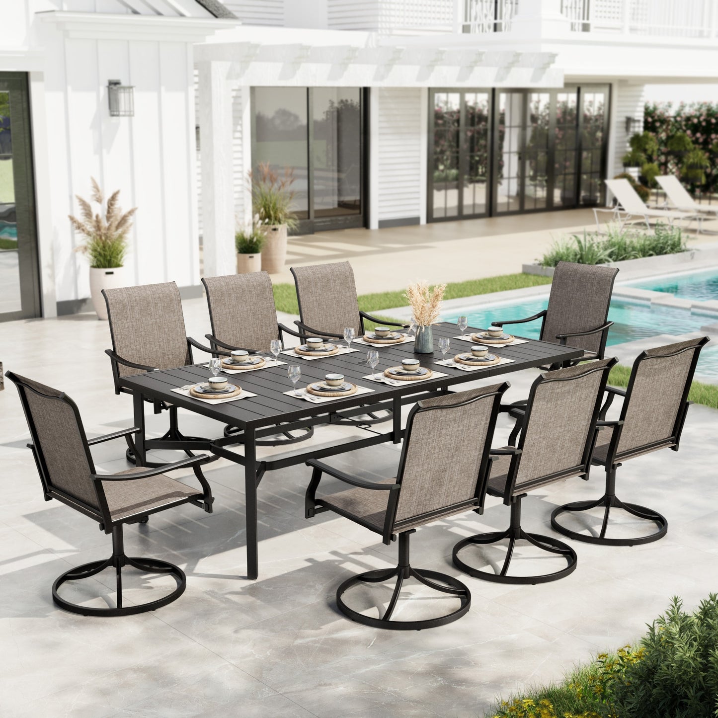 Sophia & William 9 Pieces Outdoor Metal Patio Dining Set Swivel Textilene Chairs and 82.7inch Table Set for 8