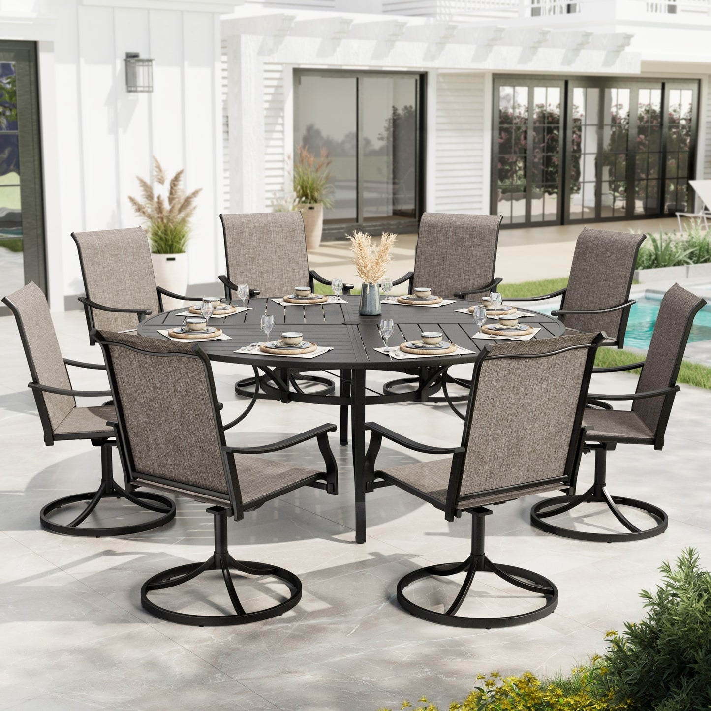 Sophia & William 9 Pieces Outdoor Metal Patio Dining Set Swivel Textilene Chairs and 67inch Large Round Table Set for 8