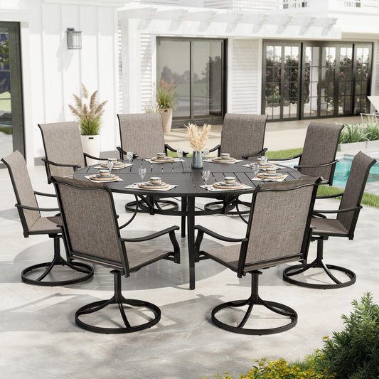 Sophia & William 9 Pieces Outdoor Metal Patio Dining Set Swivel Textilene Chairs and 67inch Large Round Table Set for 8