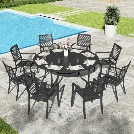 Sophia & William 9 Piece Outdoor Patio Dining Sets Metal 67inch Round Table and Stackable Stackable Chairs Set for 8