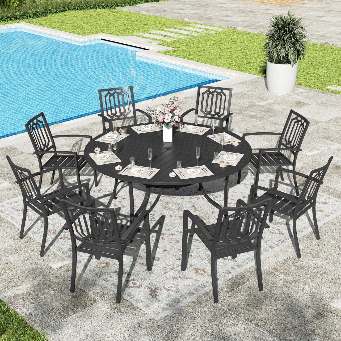 Sophia & William 9 Piece Outdoor Patio Dining Sets Metal Patio 67inch Round Table and Black Stackable Chairs Furniture Set for 8-Person