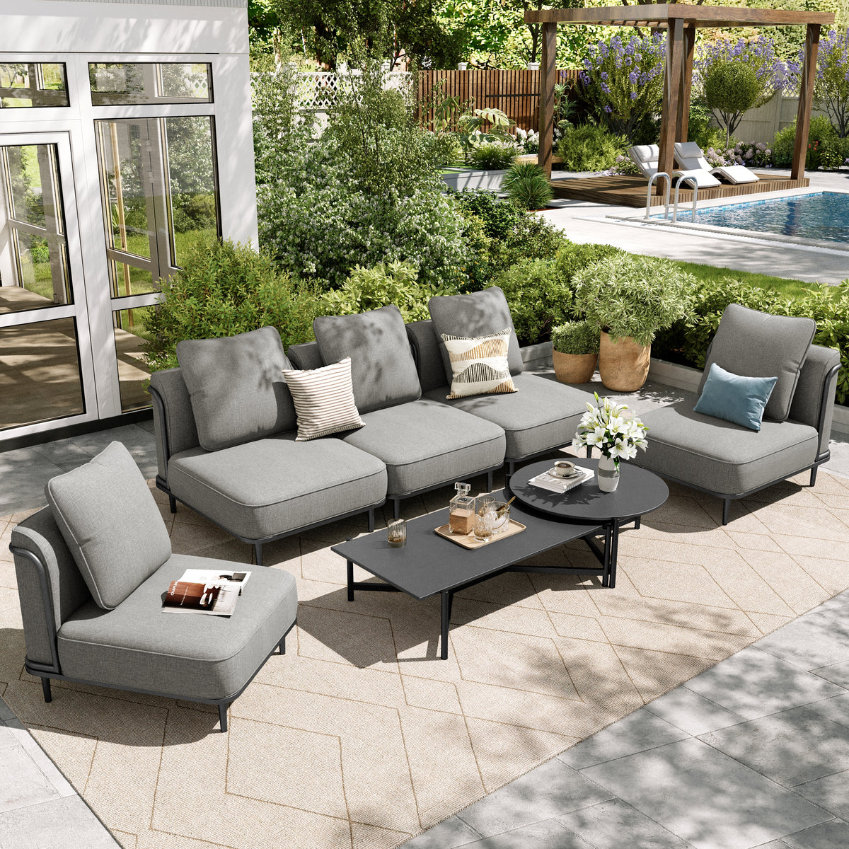 Sophia & William 7-Piece Modular Patio Furniture Set 5-Seat Low-Profile Sofa with Extra Thick Cushions & Nesting Tables, Grey