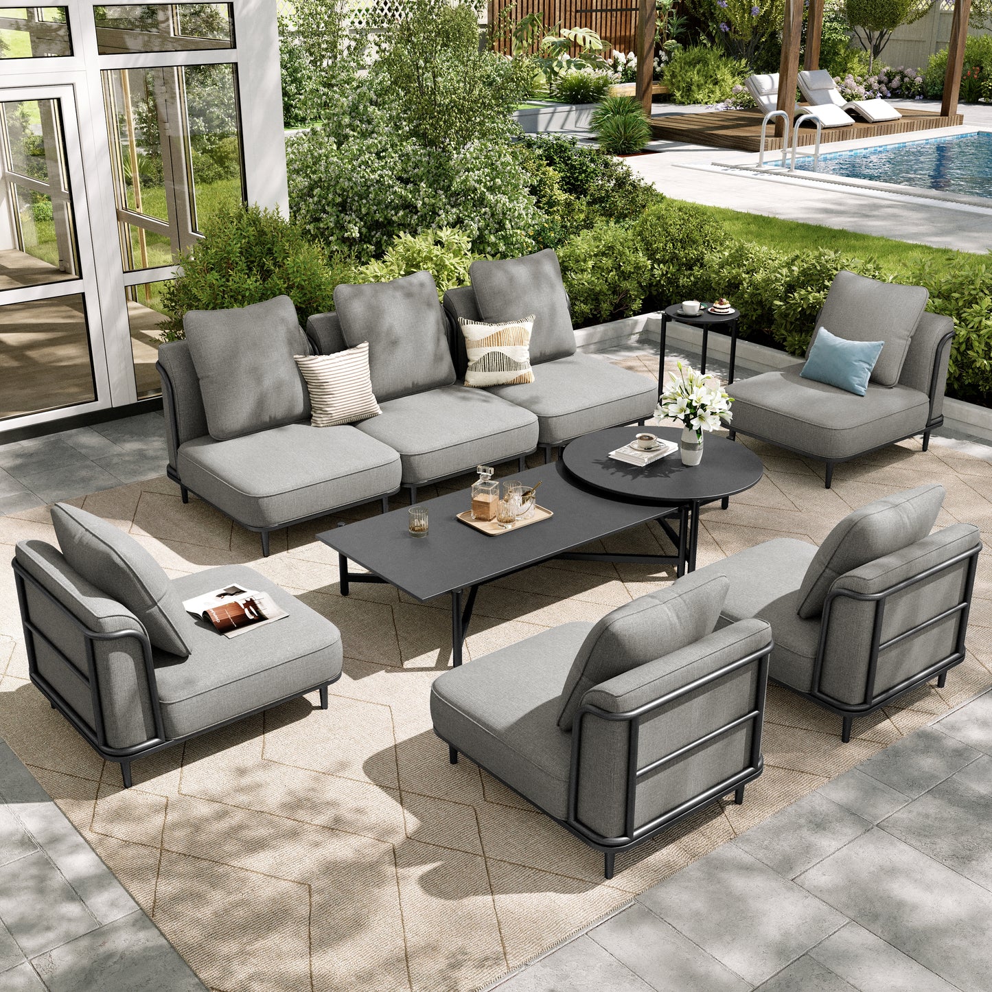 Sophia & William 10-Piece Modular Patio Furniture Set 7-Seat Low-Profile Sofa with Extra Thick Cushions, Nesting Tables & Side Table, Grey