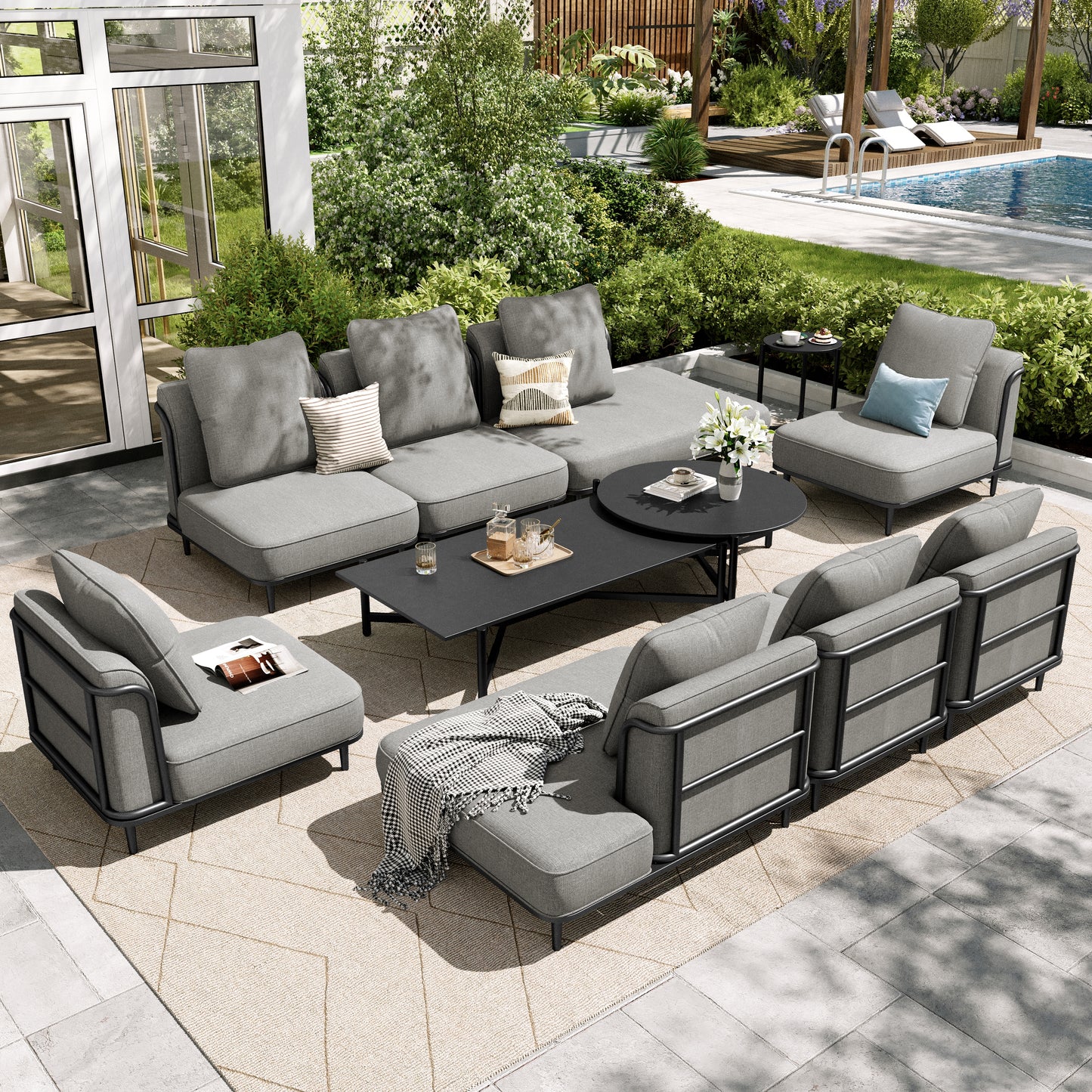 Sophia & William 11-Piece Modular Patio Furniture Set 10-Seat Low-Profile Sofa with Extra Thick Cushions, Nesting Tables & Side Table, Grey