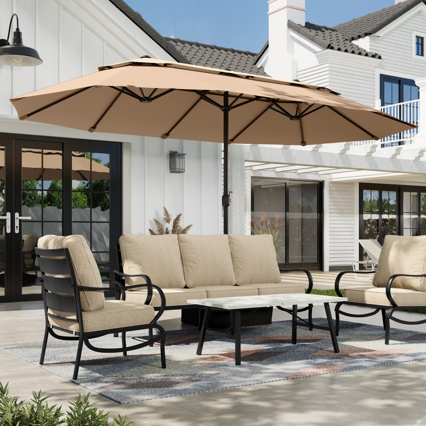 Alpha Joy 15ft Dual-Layer Outdoor Patio Umbrella Extra-Large Double-Sided Garden Umbrella with Ventilation and Base - Beige Patchwork