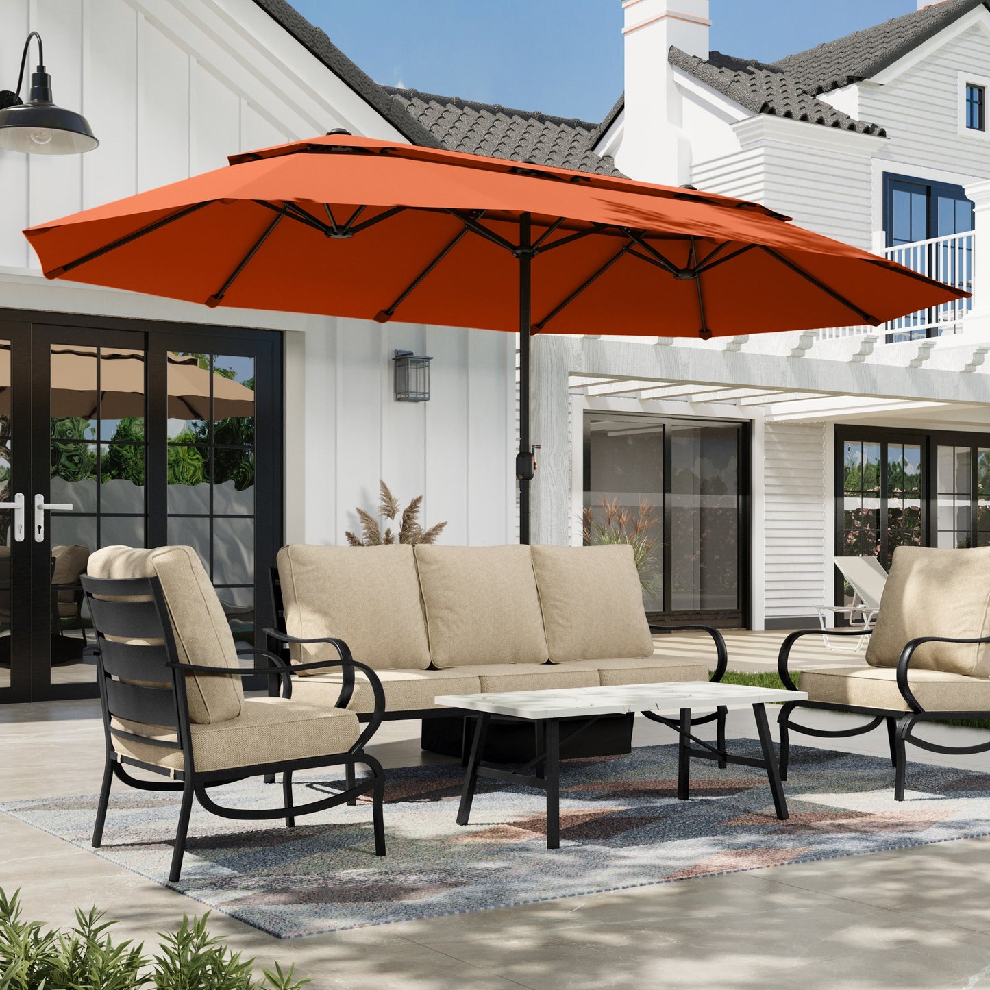 Alpha Joy 15ft Outdoor Patio Umbrella Extra-Large Double-Sided Garden Umbrella with Ventilation and Base - Orange Red