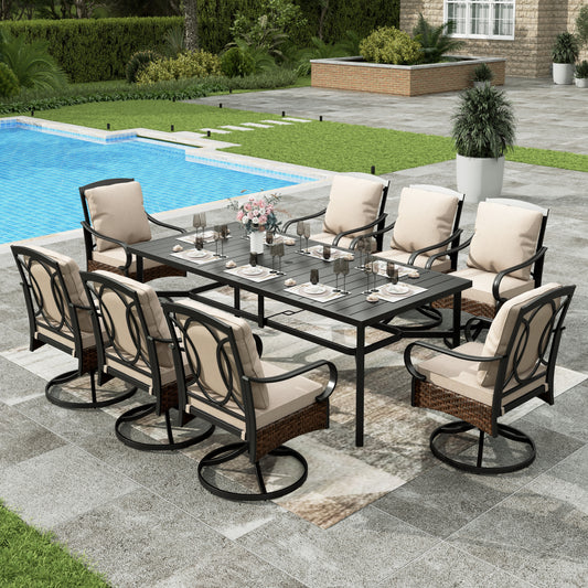 Sophia & William 9Pcs Patio Outdoor Dining Set Metal 84  Extendable Table & 6 Fixed Chair & 2 Swivel Wicker Rattan Chairs with Beige Cushions