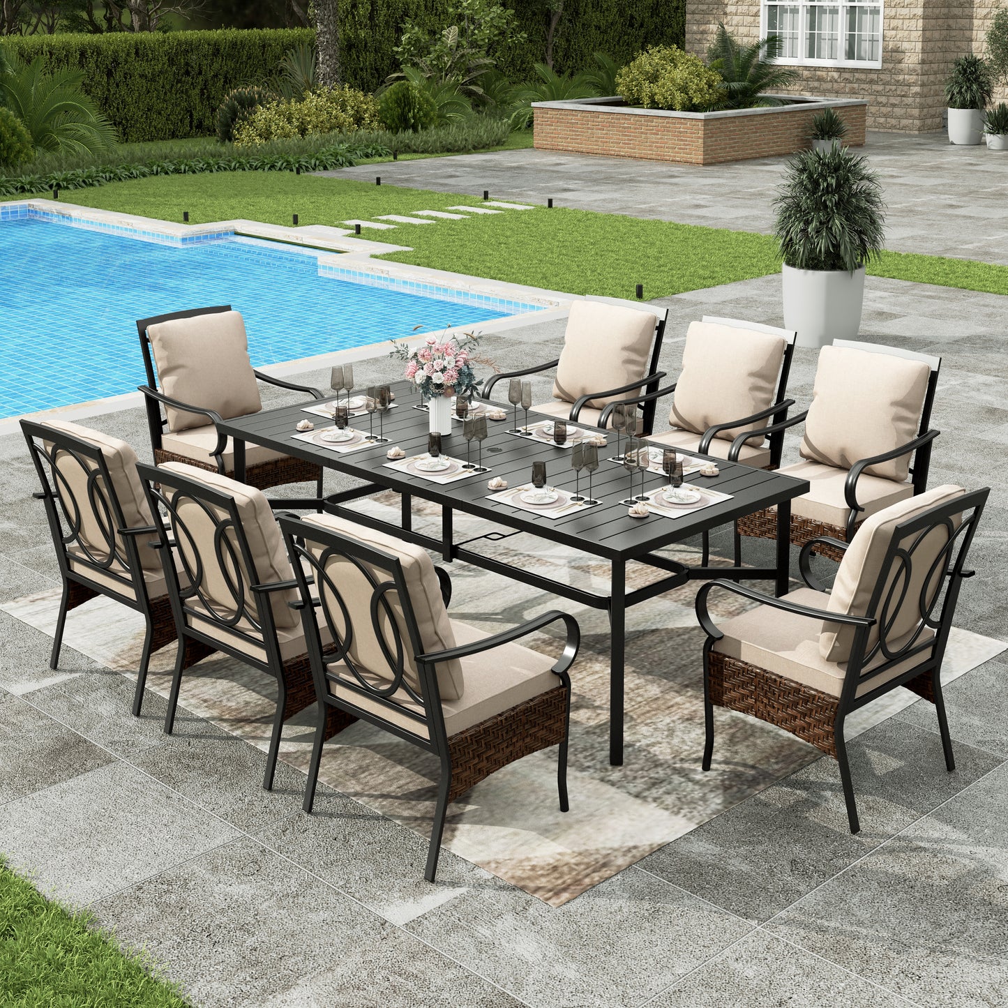 Sophia & William 9Pcs Patio Outdoor Dining Set Metal 84  Extendable Table with Beige Cushions for 8-Person