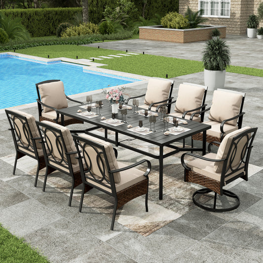 Sophia & William 9Pcs Patio Outdoor Dining Set Metal 84  Extendable Table & 8 Swivel Wicker Rattan Chairs with Beige Cushions