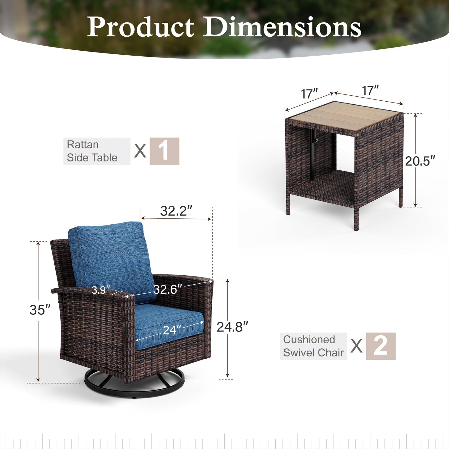 Sophia & William 3 Pieces Patio Chairs Set with Side Table Wicker Outdoor Bistro Set, Navy Blue