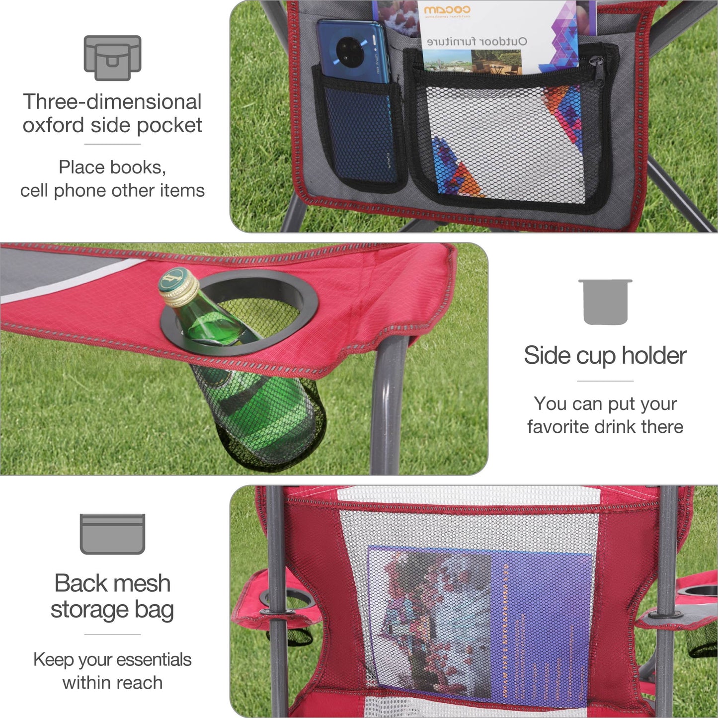 Sophia & William Oversized Camping Chair Portable Mesh Folding Chair with Cup Holder Supports Up to 450Lbs for Outdoor, Fishing, Beach, Backyard， Red