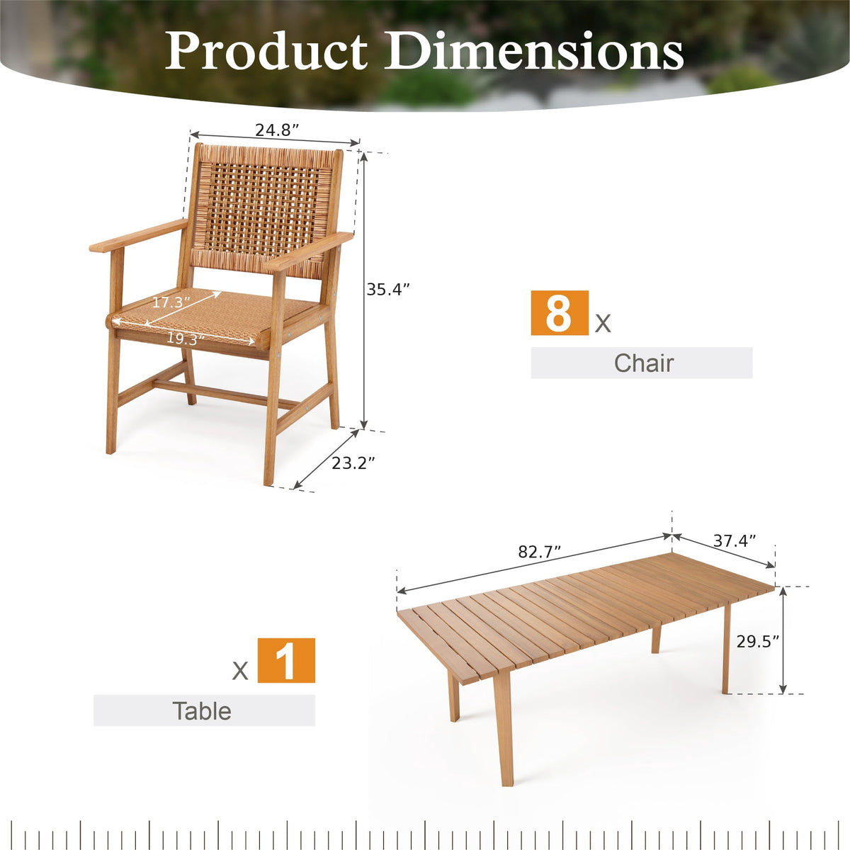 Sophia & William 9 Pieces Acacia Wood Outdoor Patio Dining Set Wicker Rattan Chairs and Rectangle Table Furniture Set for Lawn, Garden, Backyard