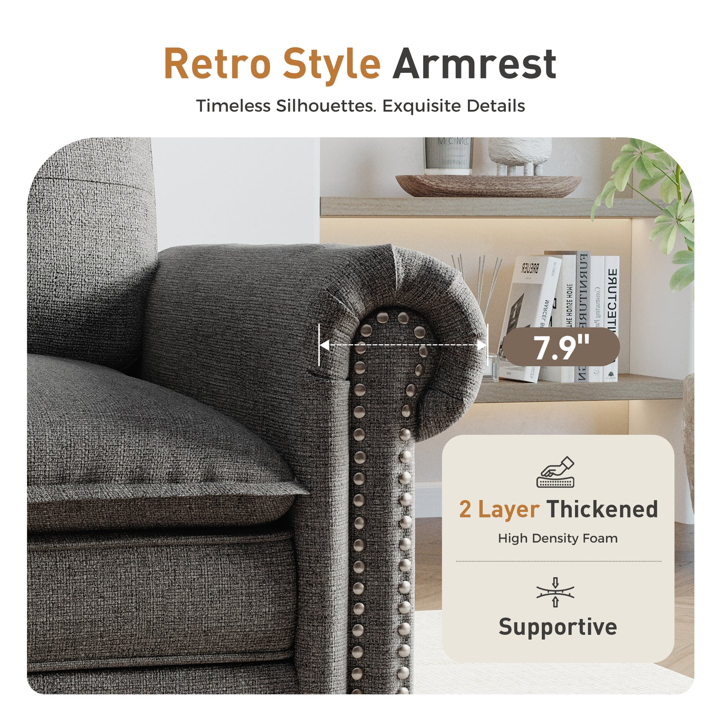 Sophia&William Modular Sectional Sofa Couch Set, U-shaped Linen Cloud Couch 6-Seat Retro Nailhead Trim Cloud Sofa Set with 4 Pillows for Living Room, Dark Gray