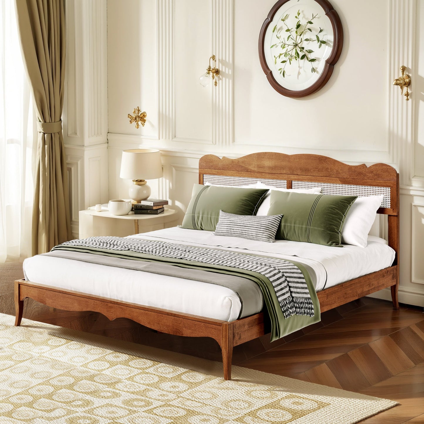 Sophia & William King Size Wood Platform Bed Frame with Wooven Rattan Headboard & Wooden Slats,No Box Spring Needed