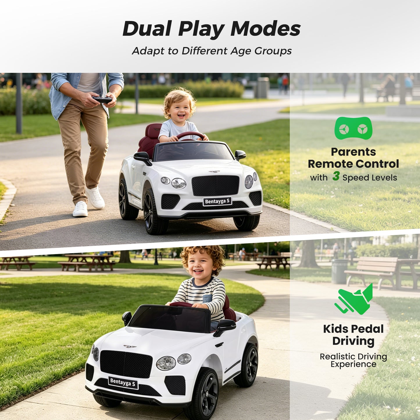 Alpha Joy 12V Kids Ride On Car Licensed Bentley Electric Vehicle with Remote Control, Soft Start, 3 Speed, LED Lights, Built-in Storage & Music, Gift for Boys Girls Ages 3-8, White