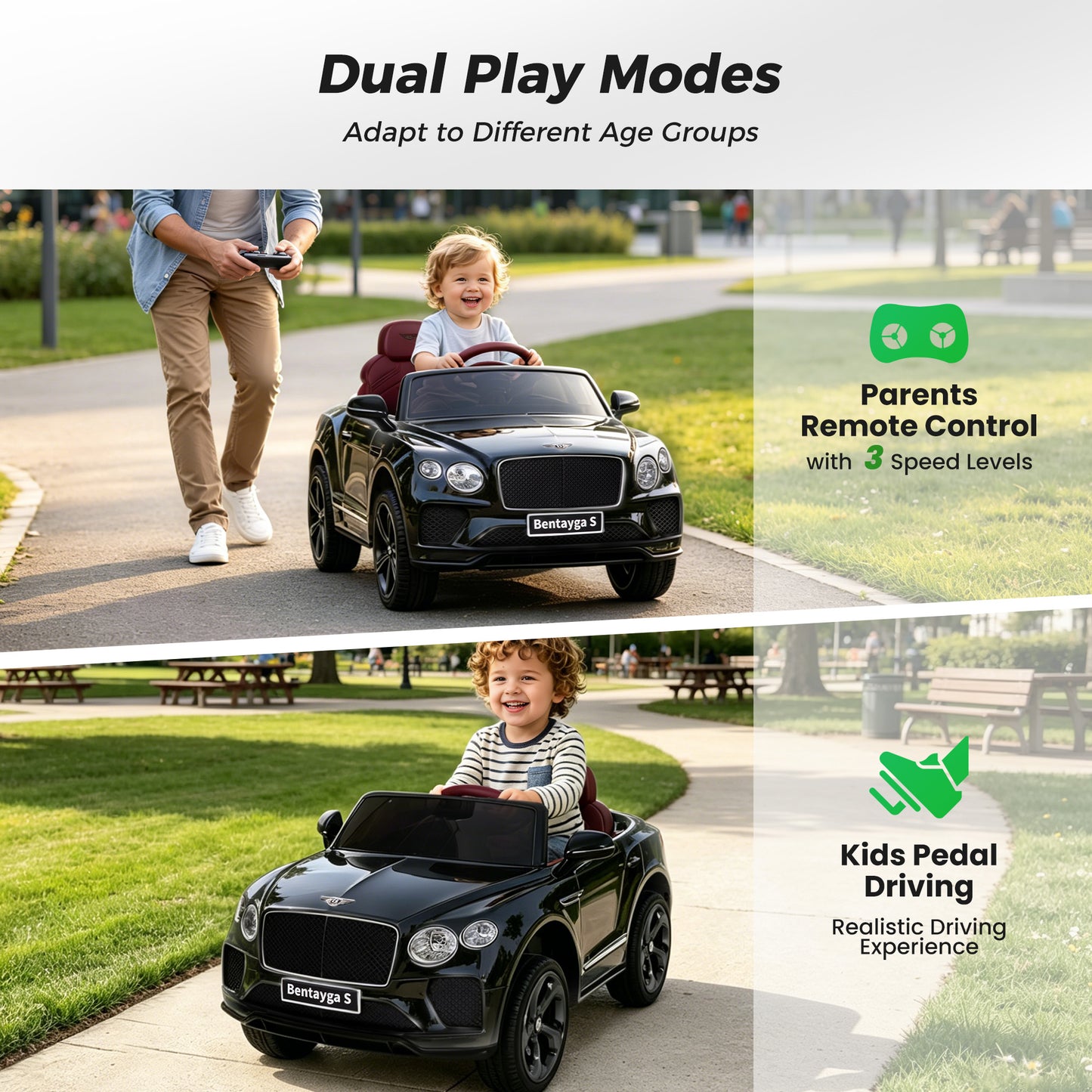 Alpha Joy 12V Kids Ride On Car Licensed Bentley Electric Vehicle with Remote Control, Soft Start, 3 Speed, LED Lights, Built-in Storage & Music, Gift for Boys Girls Ages 3-8, Black