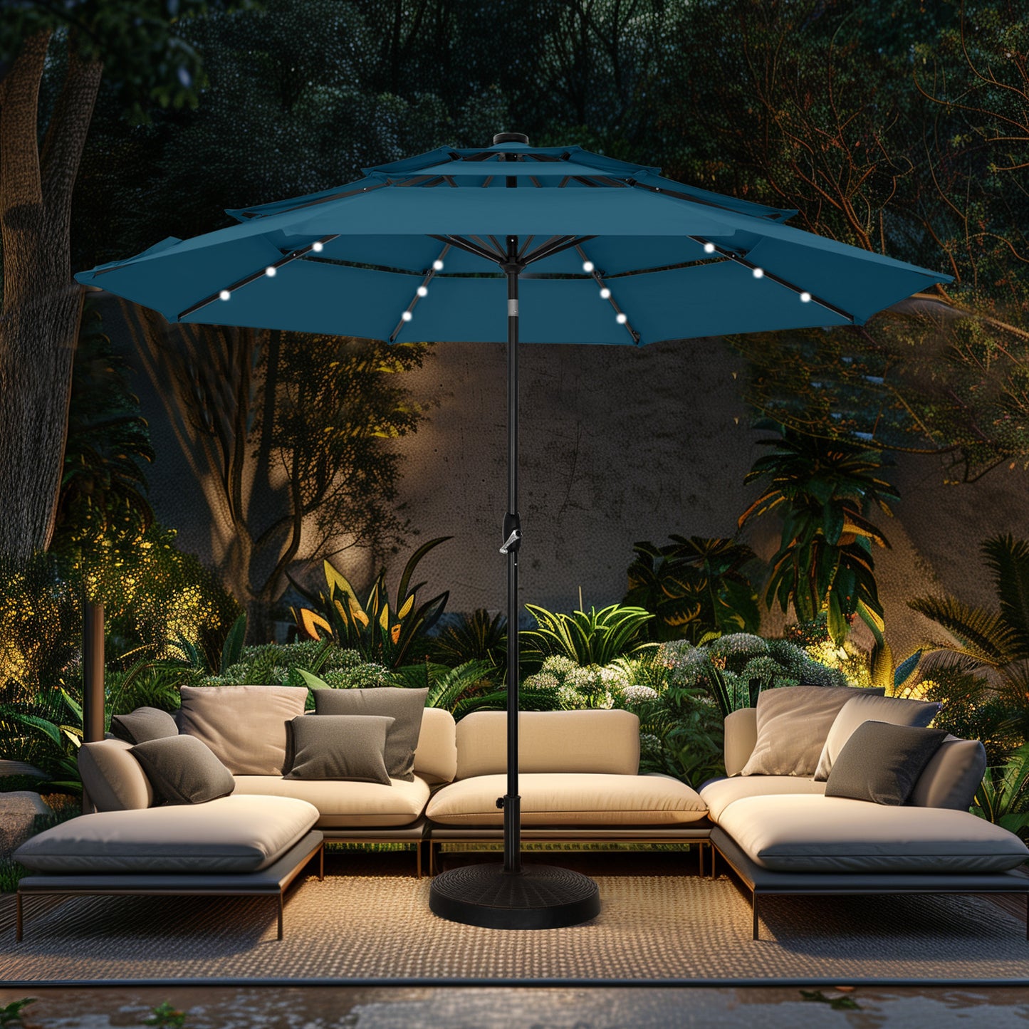 Alpha Joy 10ft 3 Tier Auto-tilt Outdoor Patio Umbrella Beach Garden Double Vented Table Umbrella with Solar Lights, Cerulean