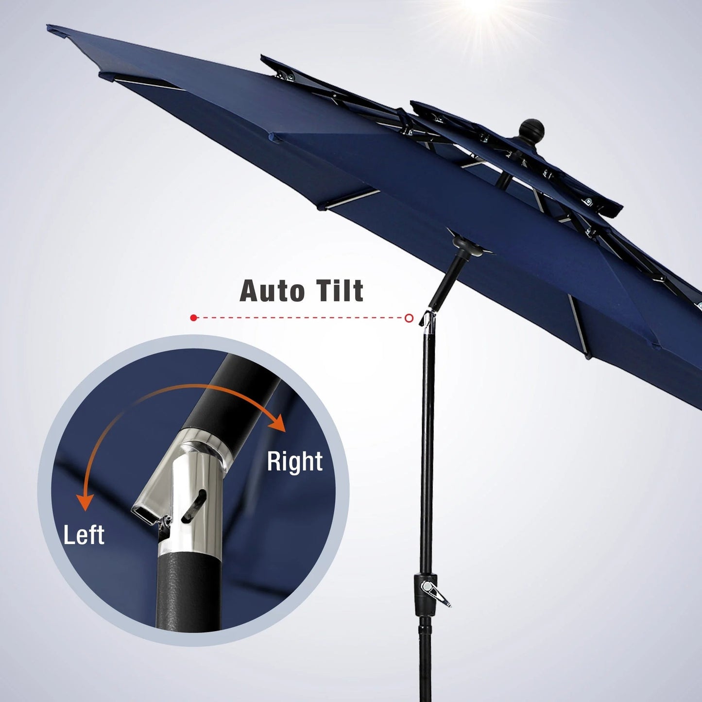 Alpha Joy 10ft 3 Tier Auto-tilt Outdoor Patio Umbrella Beach Garden Double Vented Table Umbrella with Push Button Tilt and Crank, Navy Blue