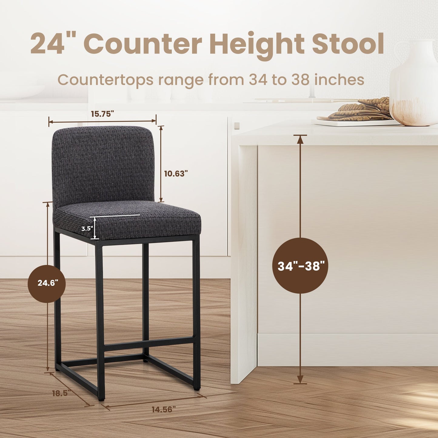 Sophia & William Counter Height Bar Stools with High Backrest 4 Pack Soft & Durable Chenille Fabric Bar Stools for Kitchen Island, Grayish Black