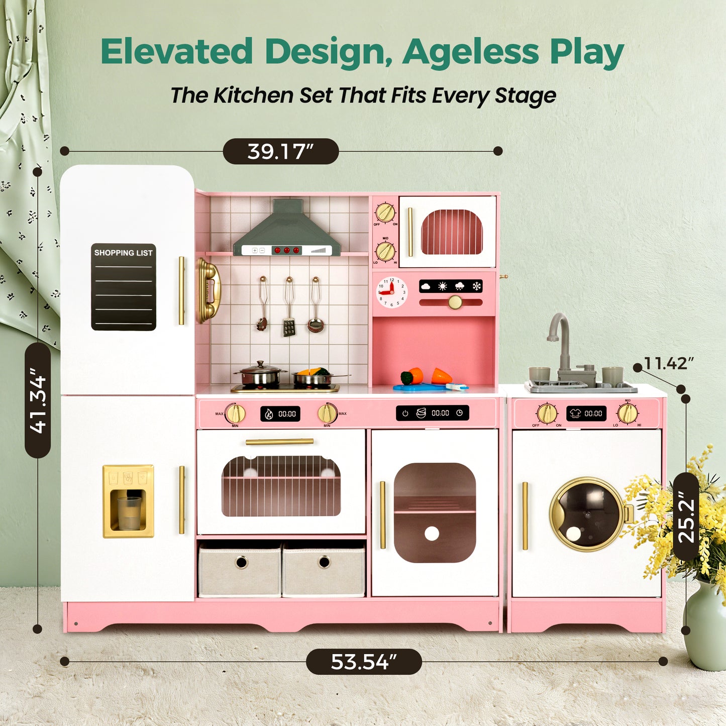 Alpha Joy Pretend Play Kitchen Large Wooden Toy Sets for Kids w/Realistic Sounds & Lights, Oven, Range Hood, Faucet, Sink, Cooking Accessories, Utensils, Pink