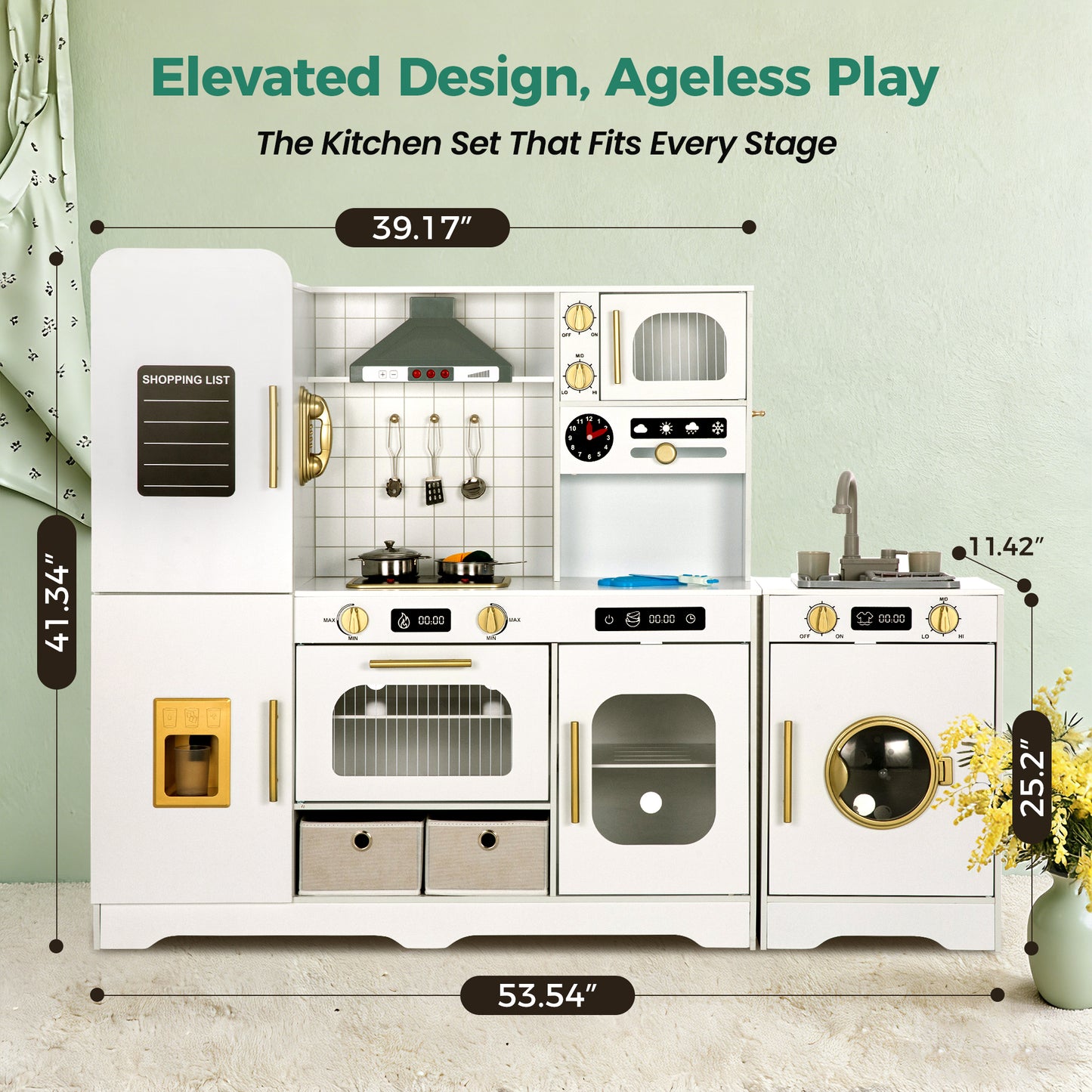 Alpha Joy Pretend Play Kitchen Large Wooden Toy Sets for Kids w/Realistic Sounds & Lights, Oven, Range Hood, Faucet, Sink, Cooking Accessories, Utensils, White