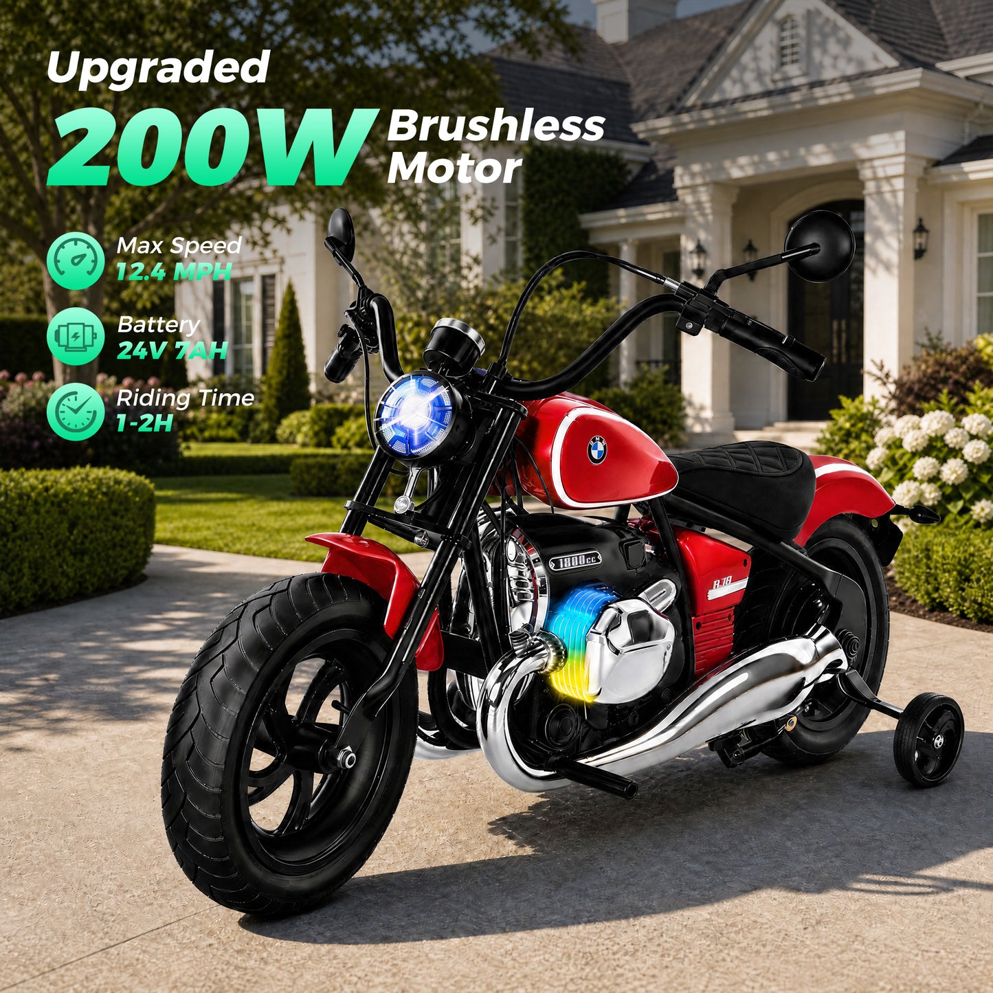 Alpha Joy BMW Licensed Electric Motorcycle 24V Battery Powered Electric Vehicle Car for Kids 200W 13 MPH Ride on Car with All-Terrain Tires, Removable Training Wheels for Boys Girls Age 8-12, Red