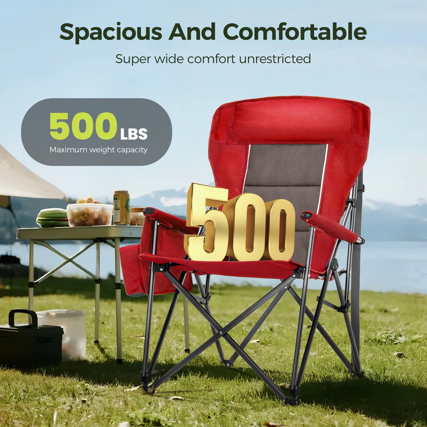 Sophia & William 2-Pack Oversized Camping Chair Heavy Duty High Back Camping Chairs 500lbs Capacity Folding Lawn Chairs with Cup Holder, Portable for Outdoor, Beach and Picnic, Red