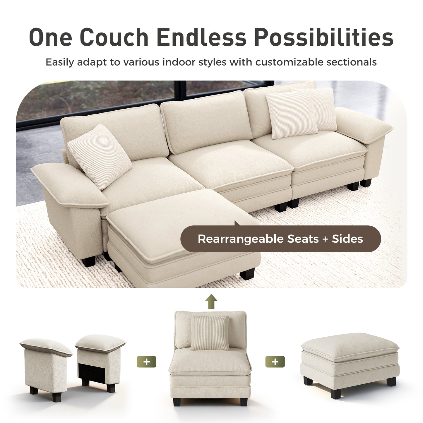 Sophia&William U-Shaped Modular Sectional Sofa Sets for Living Room, Modern 5-Seat Chenille Cloud Couch Oversized Sectional with 3 Throw Pillows & 2 Ottomans, White