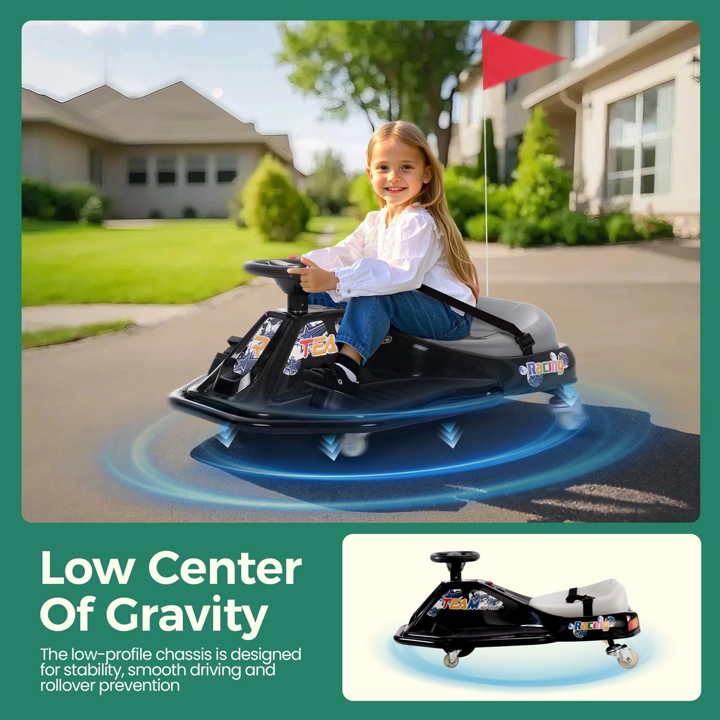 Alpha Joy Kids Crazy Drift Car 24V 180W Electric Drifting Go-Kart w/Rechargeable Battery, Colorful Light, Bluetooth Music & Safety Harness, Black