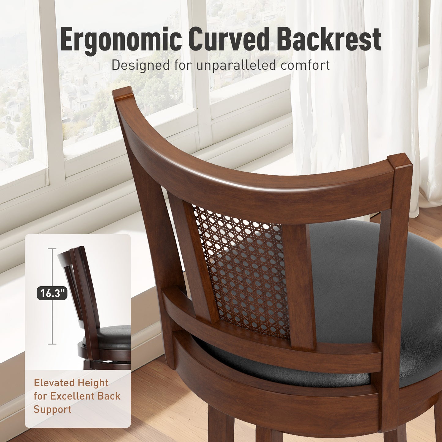 Sophia & William 30" Swivel Bar Stools, Set of 2 with Curved Backrest Durable Wood Frame Padded Counter Stools for Kitchen Island,Black