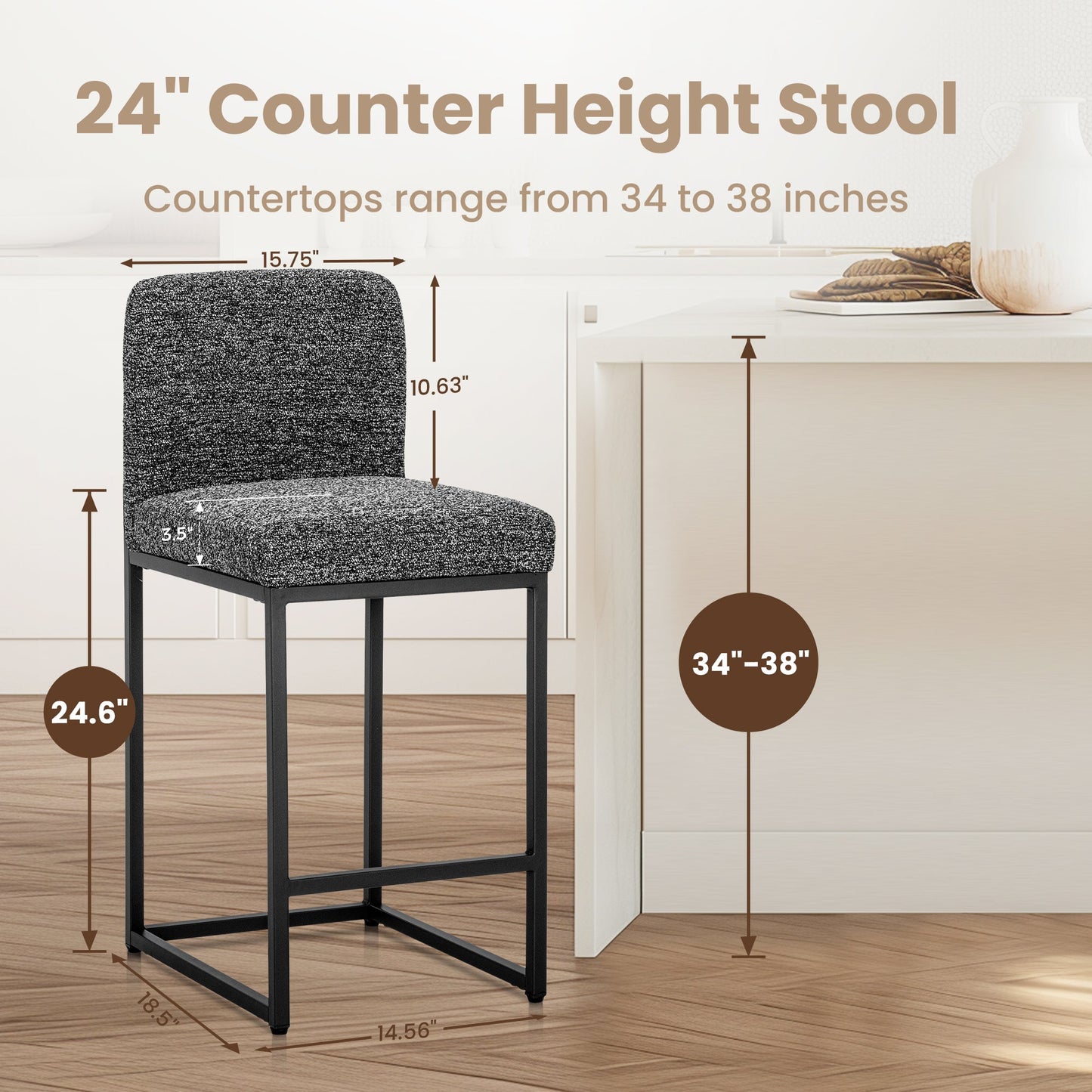 Sophia & William Counter Height Bar Stools with High Backrest 2 Pack Soft & Durable Chenille Fabric Bar Stools for Kitchen Island, Black