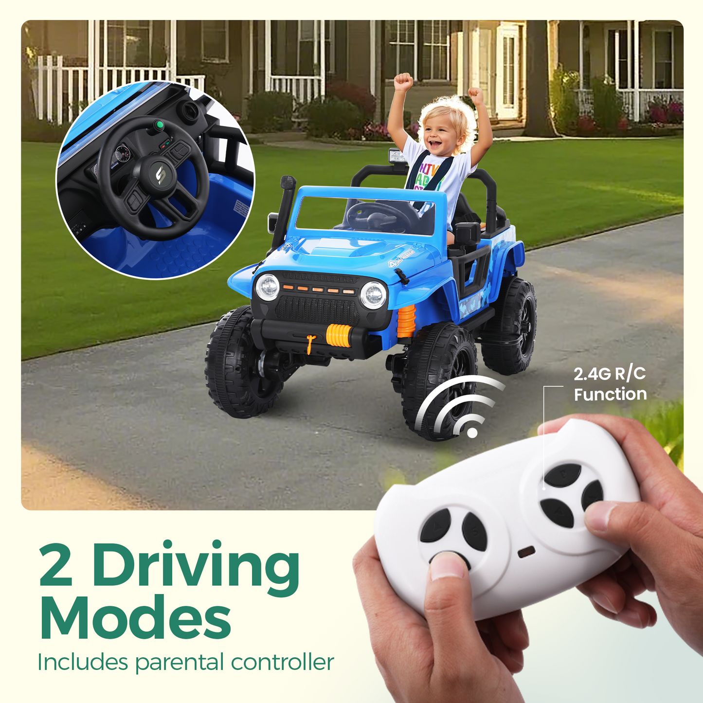 Alpha Joy 2-Seater Kids Ride on Truck 24V Electric Jeep Car with Remote Control Battery Powered Toy Car w/2 Speeds, LED Lights, Detachable Spotlights, Bluetooth Music, Blue