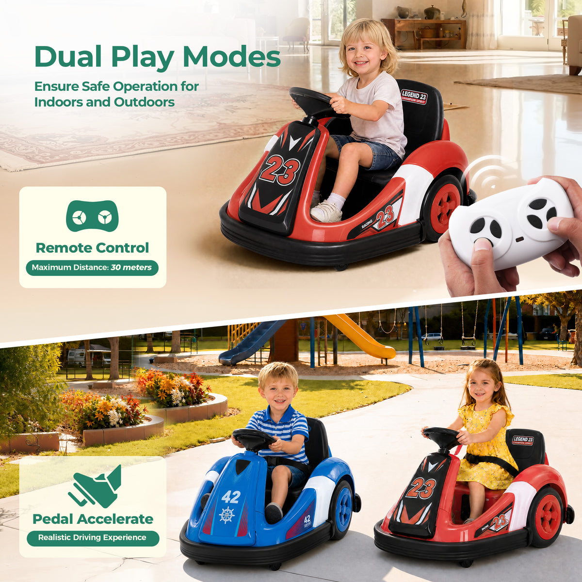 Alpha Joy Kids 12V Bumper Car with Steering Wheel & Remote Control, 3-Color LED Lights, 3 Speeds, Electric Ride-on Toys Car for 3-6 Years, Red