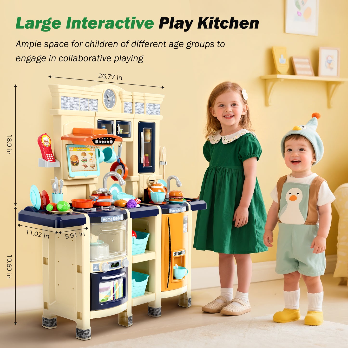 Sophia & William 87Pcs Pretend Play Kitchen 38.59Inch Toy Sets for Kids w/Realistic Sounds & Lights, Microwave Oven, Range Hood, Faucet, Cooking Stove, Sink, Navy Blue