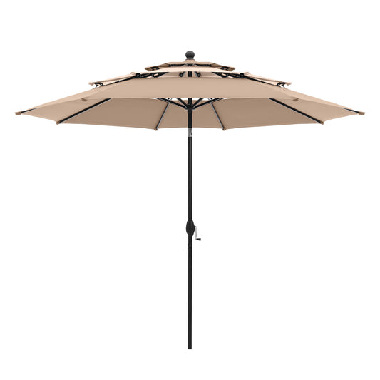 Alpha Joy 10ft 3 Tier Auto-Tilt Outdoor Patio Umbrella Beach Garden Double Vented Table Umbrella with Push Button and Crank, Beige & Tan