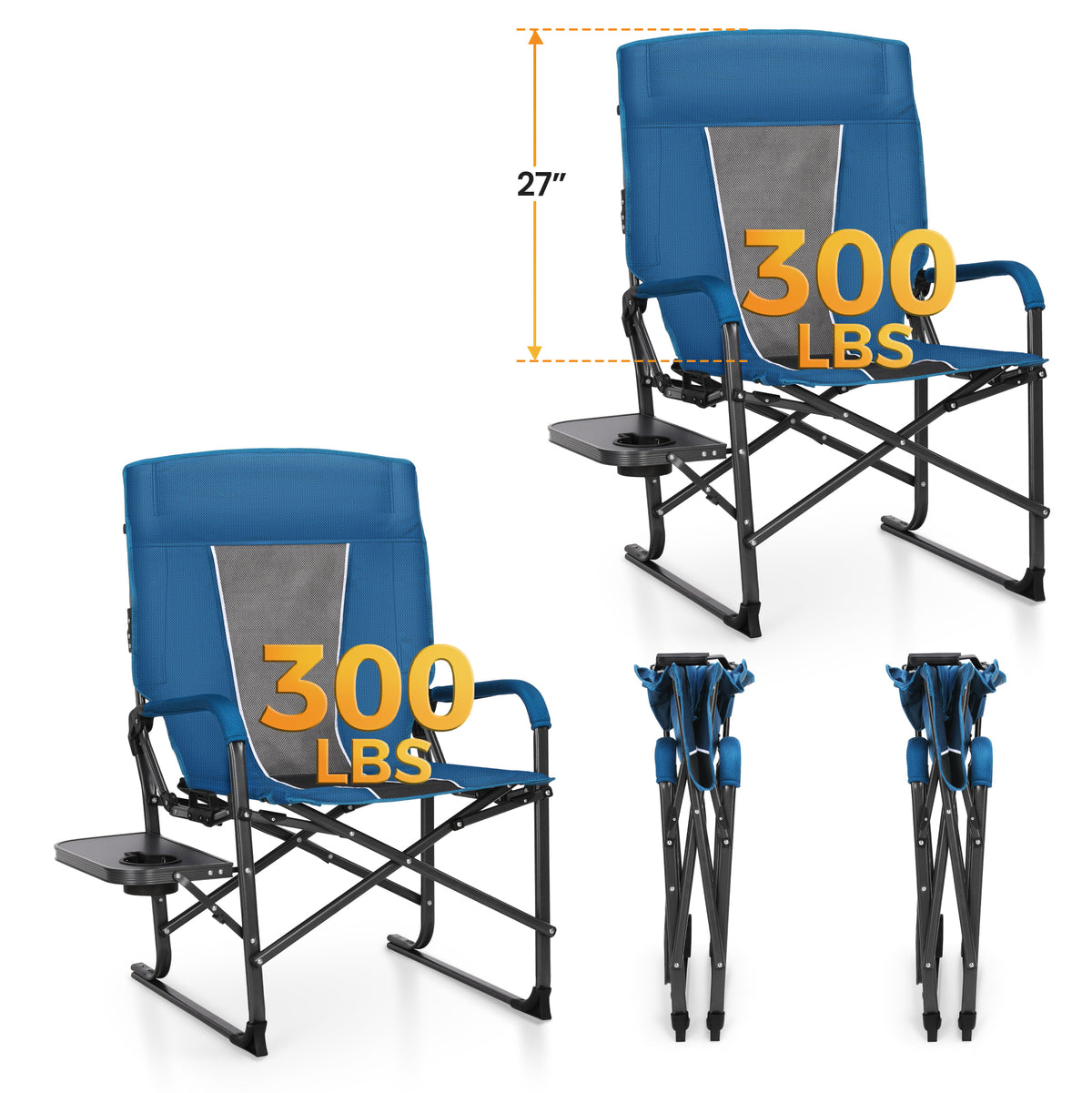 Sophia & William Set of 2 High Back Heavy-Duty Adjustable Director Chair Oversized Camping Chair with Side Table, Supports 300lbs, Blue