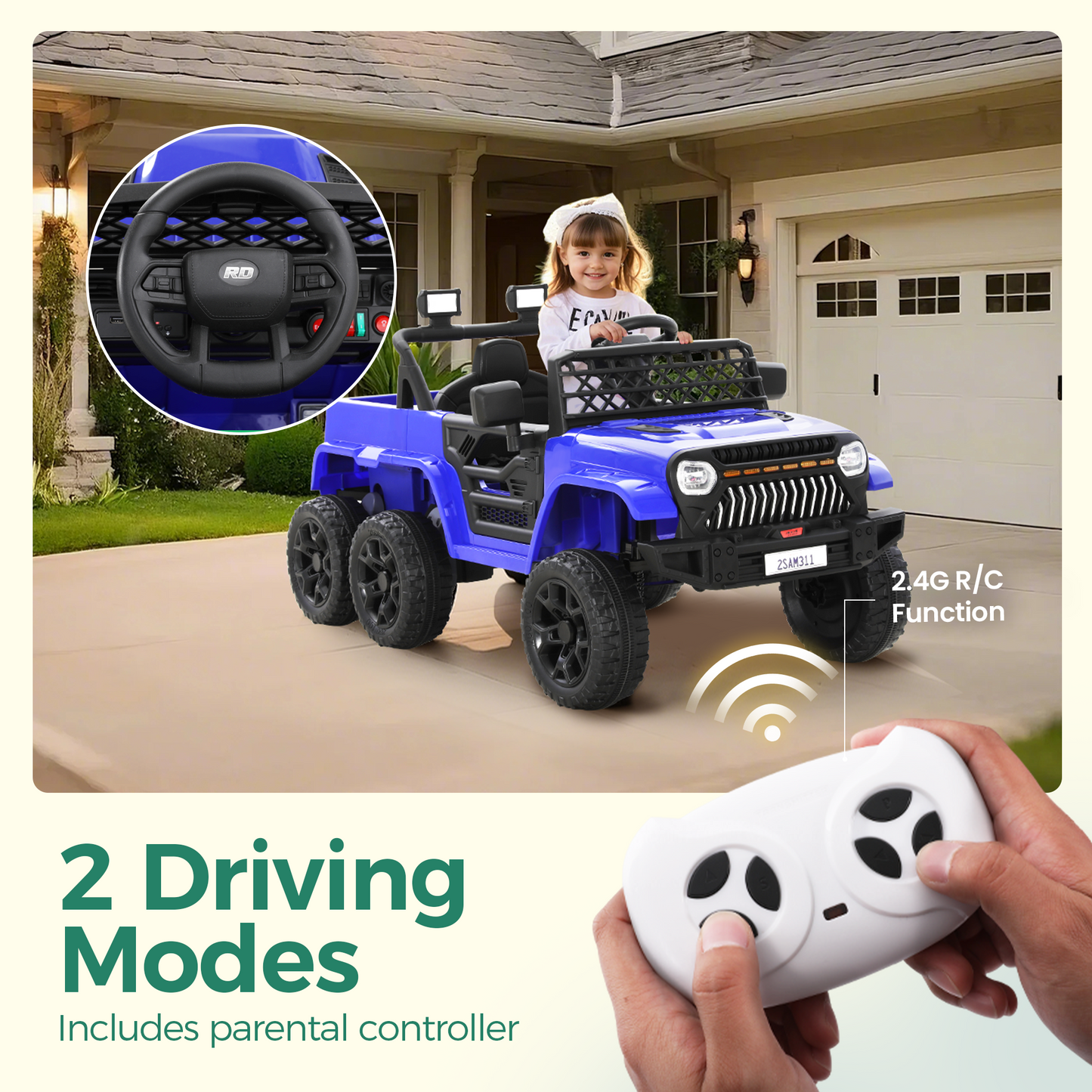 Alpha Joy Kids Ride on Truck 6-Wheel Electric Jeep Car with Remote Control Battery Powered Toy Car w/2WD/4WD Switch, LED Lights, Bluetooth Music, Blue