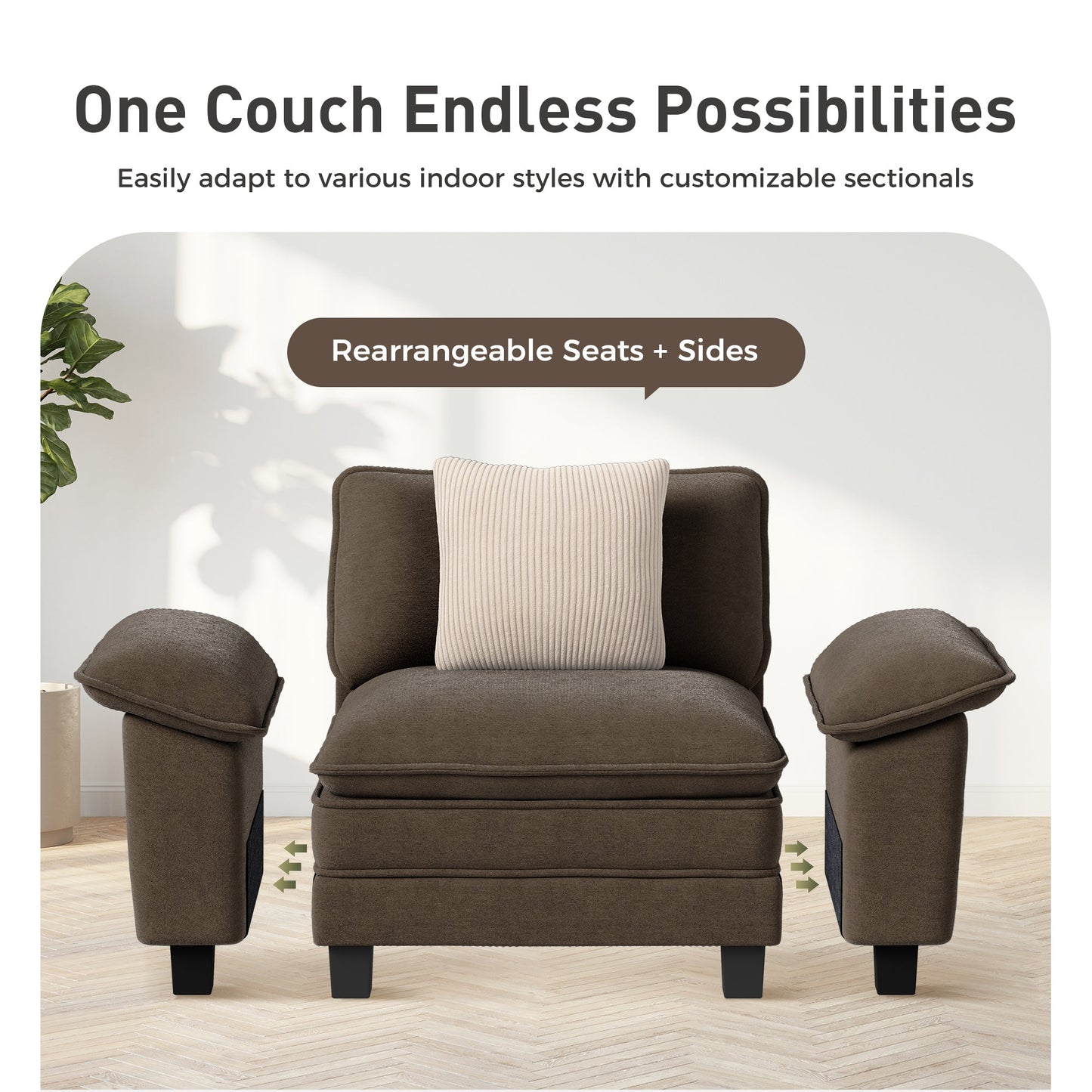 Sophia&William 123.6"L Modular Chenille Sectional Sofa Couch, 7-Seat Modern U-Shaped Cloud Couch Convertible Sofa for Living Room,Brown