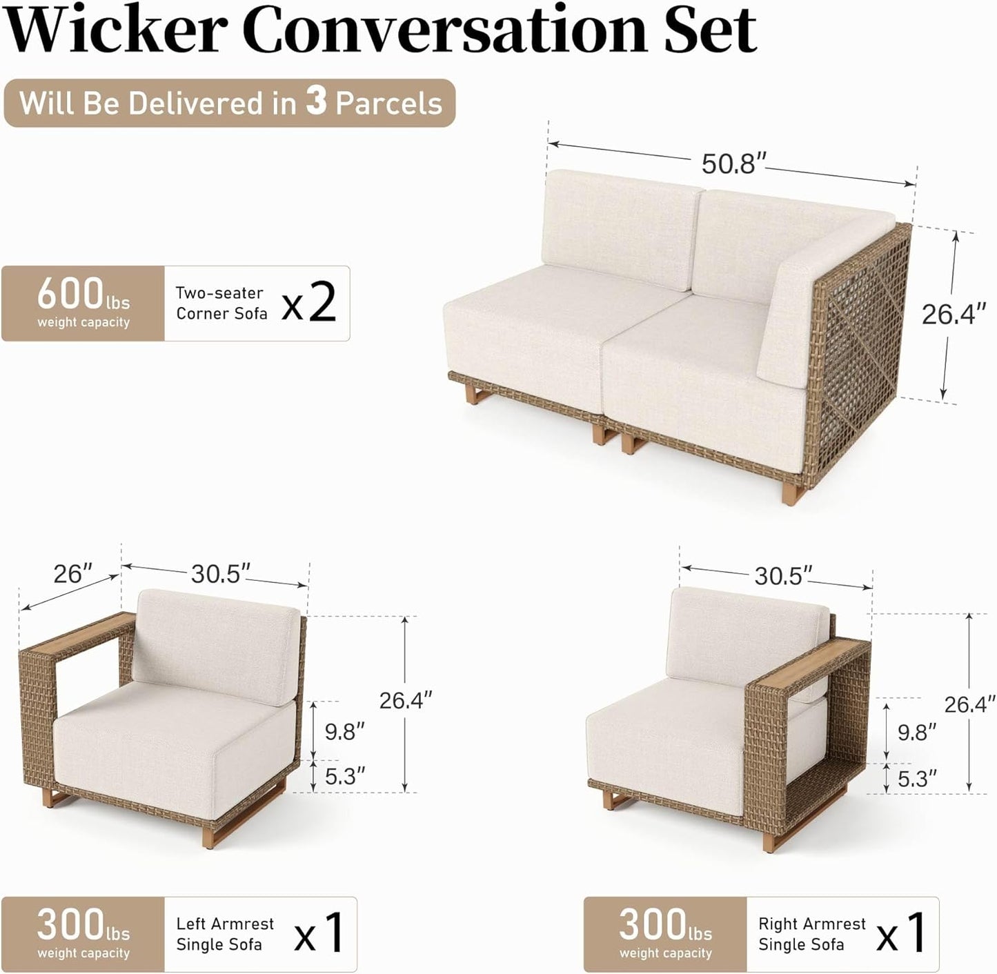 Sunshine Valley 4 Pieces Patio Furniture Set,Outdoor Rattan Wicker Sectional Sofa with 10''Ultra-Thick Cushions,All Weather Patio Conversation Set for Lawn Garden Backyard,Beige