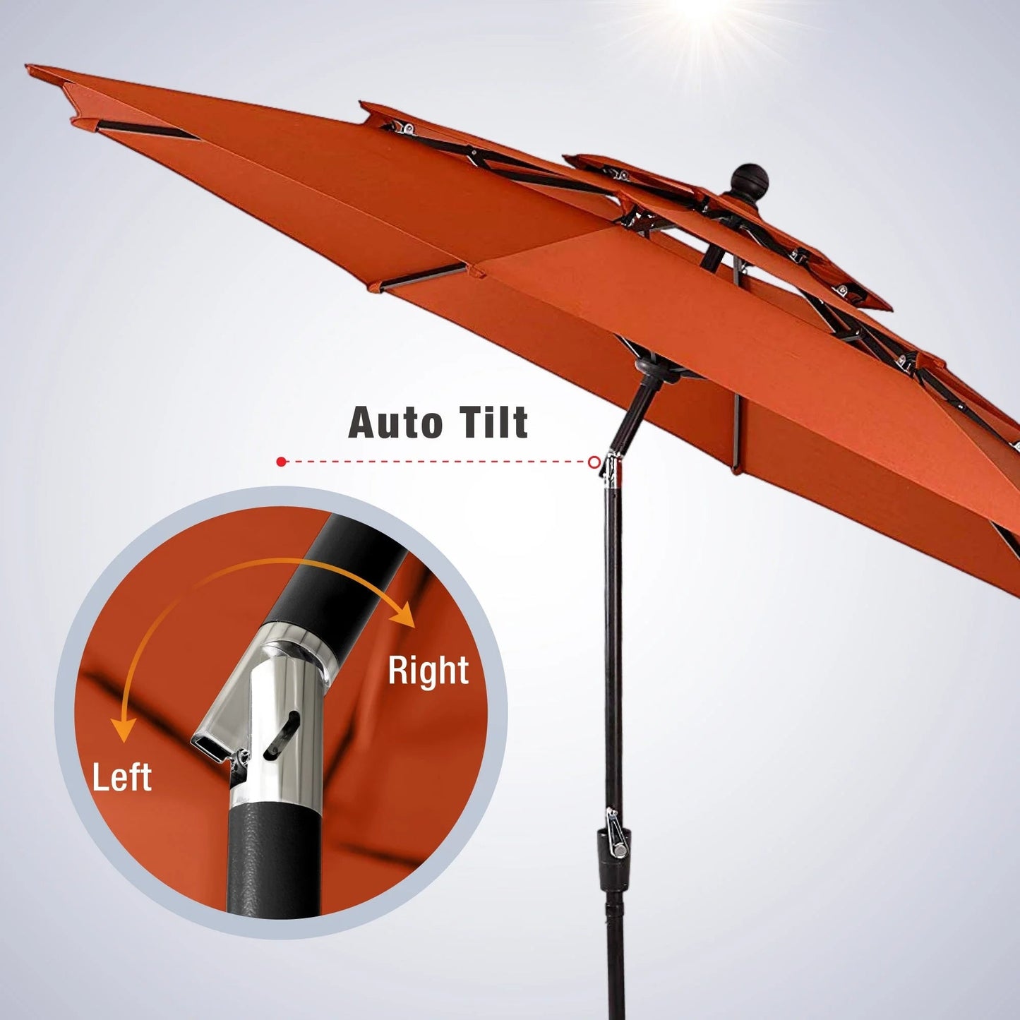 Alpha Joy 10ft 3 Tier Auto-tilt Outdoor Patio Umbrella Beach Garden Double Vented Table Umbrella with Push Button Tilt and Crank, Orange Red